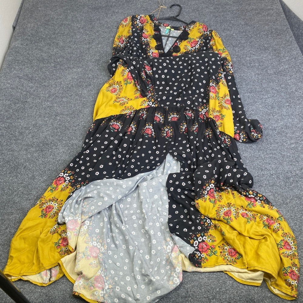 Farm Rio Mixed Floral Print Maxi Dress Yellow Black Boho Crochet V-Neck Medium
